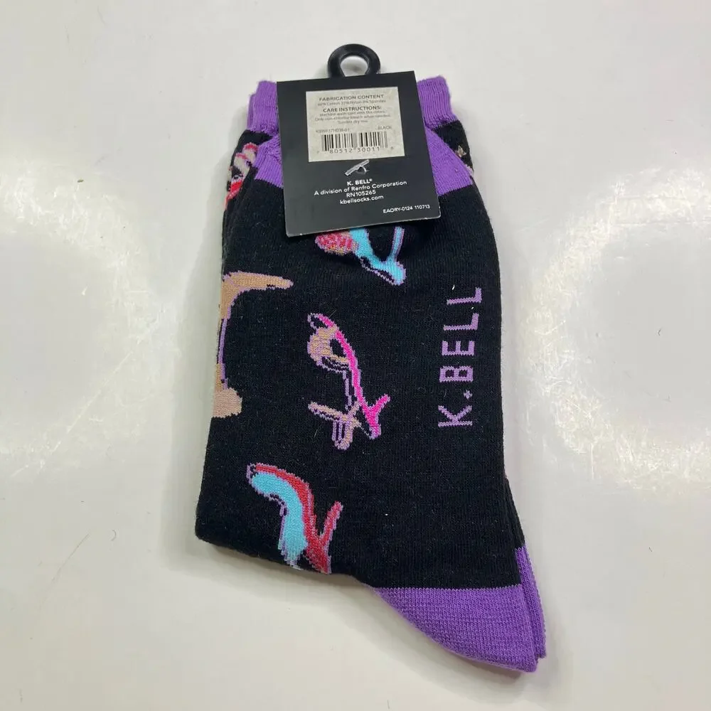 K. Bell Women's Socks Black & Purple with High Heel Fun Pattern NWT